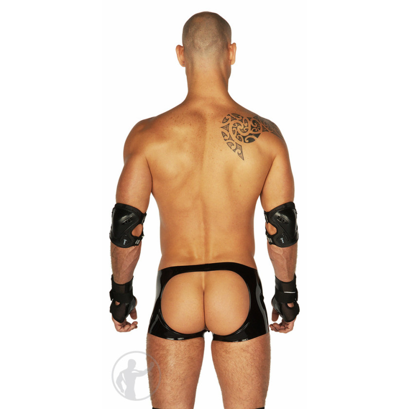 Rubber Low Rise Backless Shorts Front Zip
