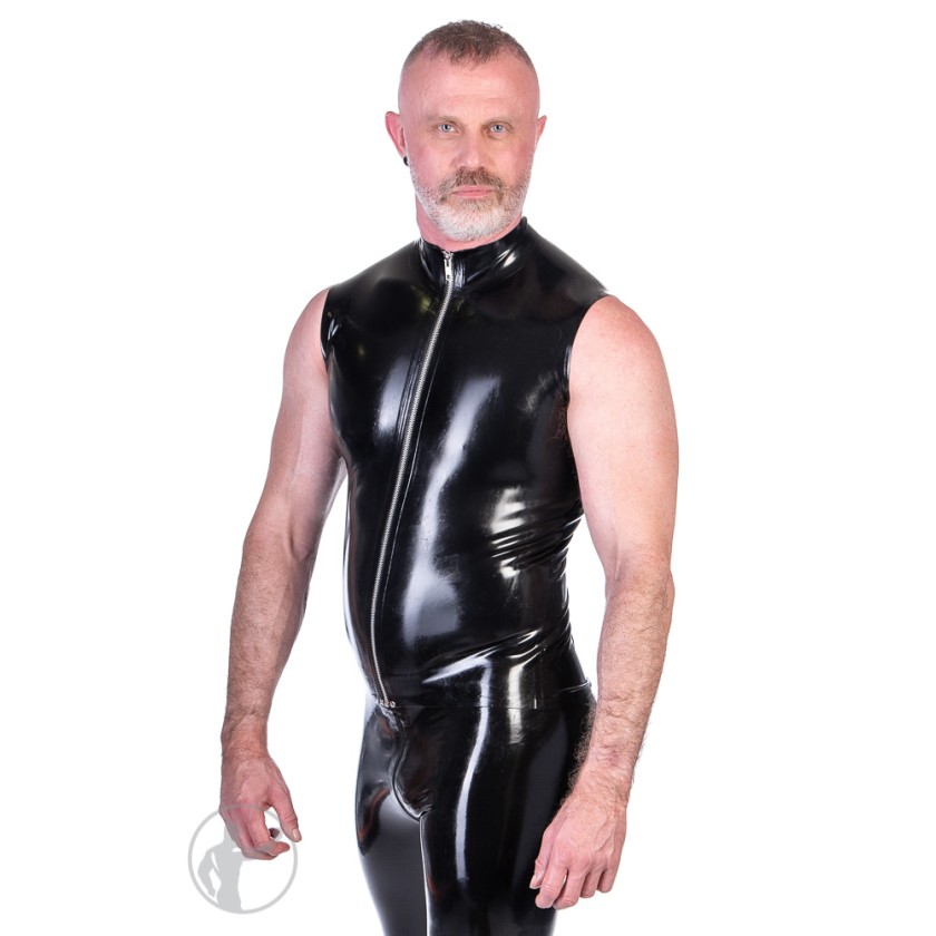 Rubber Sleeveless Zip Up Top With Collar