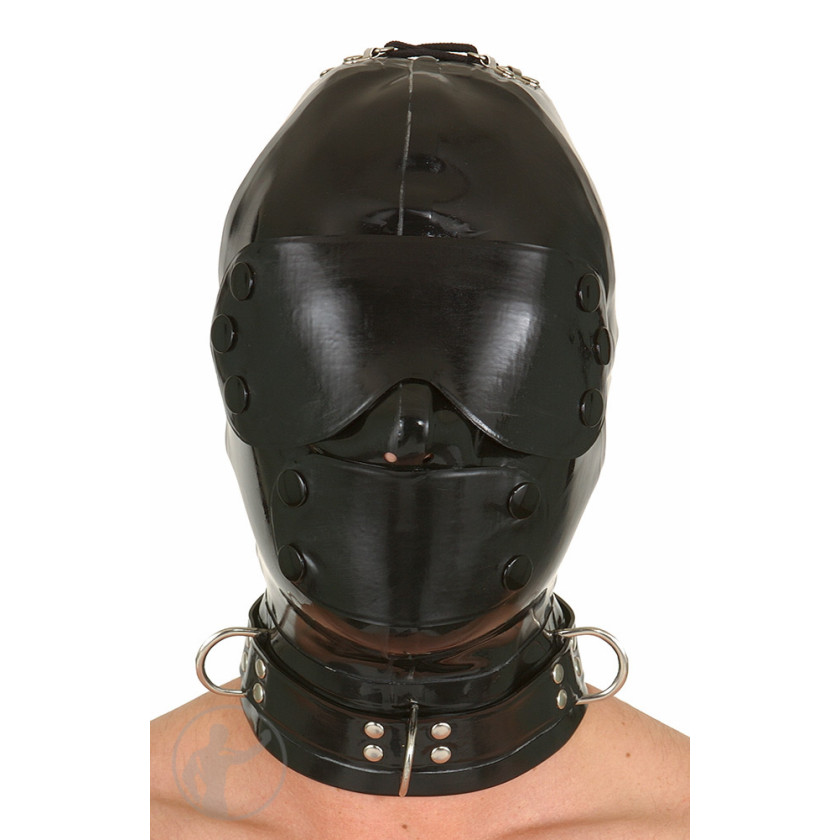 Rubber Hood Blindfold & Mouth Cover Lace Up Back