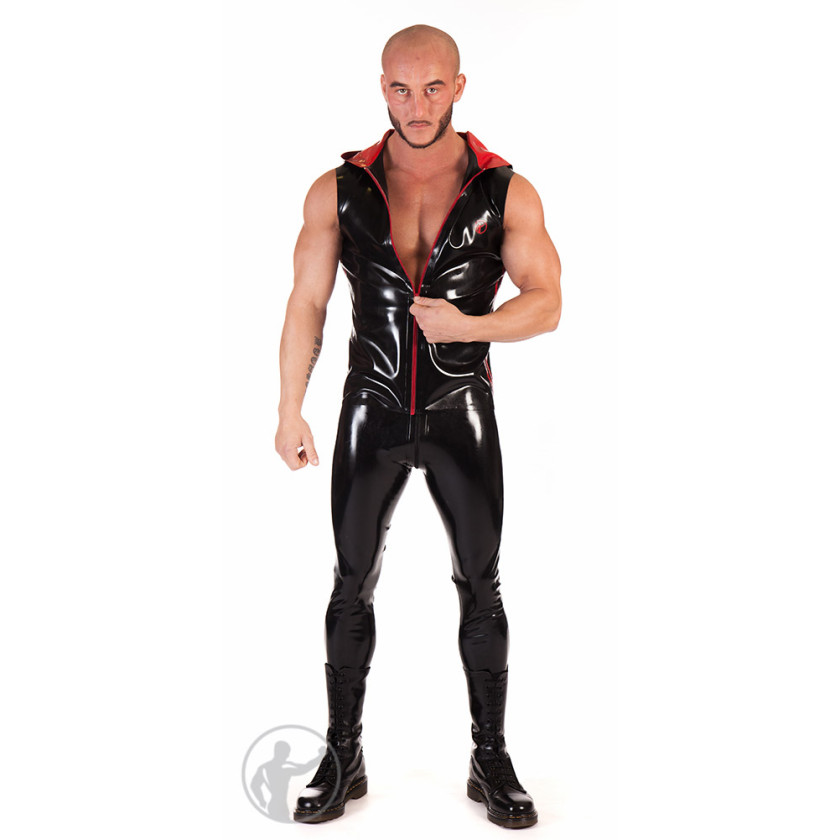 Rubber Sleeveless Hooded Top With Zip Up Front