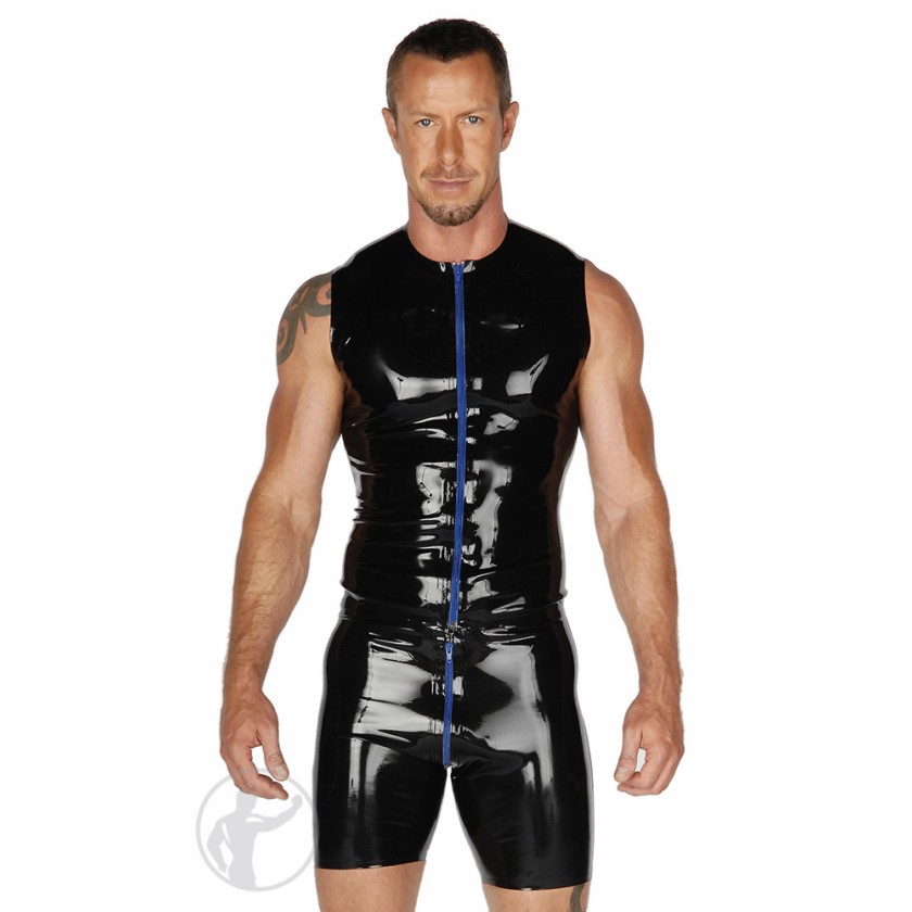 Rubber Sleeveless T-Shirt Contrasting Front Zip