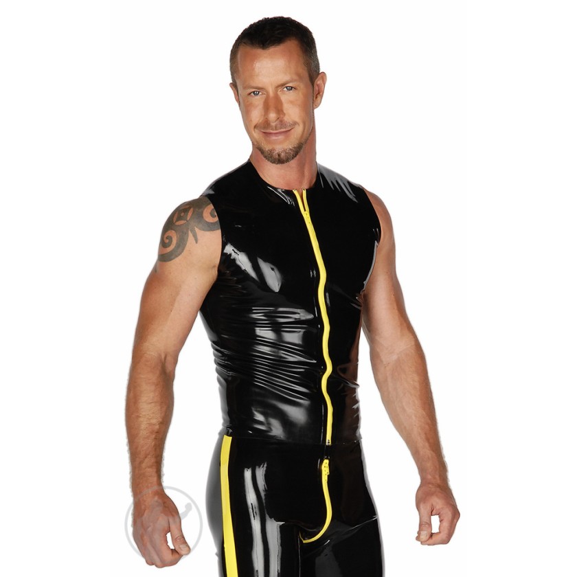 Rubber Sleeveless T-Shirt Contrasting Front Zip